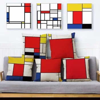 Mondrian Sarı Geometrik Dikiş Atmak Yastık Örtüsü 45 * 45 cm Kare Yastık Keten Yastık Kılıfları Ev Dekor Yastık Kılıfı
