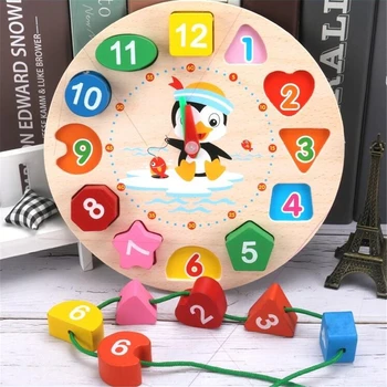 Montessori Çocuk Oyuncakları Yapboz Eğitici Ahşap Boncuklu Geometri Dijital Saat Bulmacalar Araçlar Eşleşen Saat Oyuncak