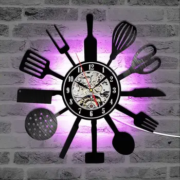 Mutfak Vinil Kayıt duvar saati Modern Tasarım Bıçak ve Çatal Zaman Saati 7 Renk Cahnge 3D Duvar Saati Ev Dekor
