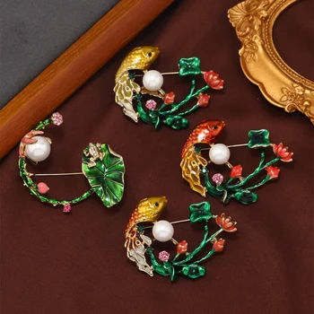 Muylinda Emaye Broş Pin Vintage Balık İnciler Lotus Yaprakları Pimleri Broş Takı Kadınlar İçin Ziyafet Takım Elbise Aksesuarları