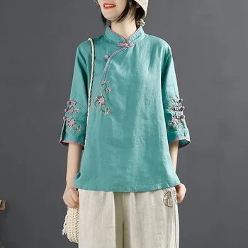 Nakış Pamuk Keten Gömlek Tang Takım Elbise Kadın Geleneksel Zarif Gevşek Kadın Hanfu Üstleri Ulusal Tarzı Çin Vintage Bluz