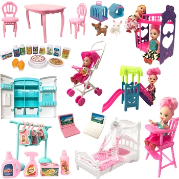 NK Yeni Mix Sevimli Bebek Mobilya Oyuncak Oyna Pretend Çanta Sandalye Mini Buzdolabı Barbie Aksesuarları Kelly Dollhouse Kız Oyuncak JJ