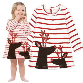 Noel Bebek Kız Elbise Ren Geyiği çocuk elbiseleri Nakış Geyik Şerit Kız Elbise Gömlek Çocuk Bluz Vestidos Jumper Kıyafet
