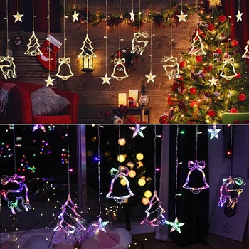 Noel ışıkları tatil peri dize perde LED noel ağacı geyik yıldız çan aydınlatma pencere kapalı açık dekor lambası
