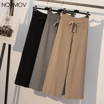 NORMOV Kadın Pantolon Yüksek Bel İpli Kalın Sıcak Geniş Bacak Pantolon Sonbahar Kış Rahat Örme Düz Pantolon Gevşek Pantolon