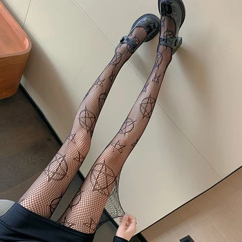 Nıbesser Lolita Kız Çorap Pentagramı Baskı Tayt Kadınlar Seksi Hollow Gotik Punk Yıldız Örgü balık ağı Külotlu Çorap Vücut Çorapları