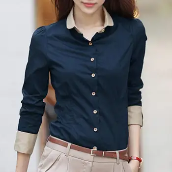 Ofis Bayan Gömlek Uzun Kollu Turn Down Yaka Bel Sıkı Gömlek Düğmeleri Bluz gömlekler kadınlar için moda Koyu Mavi xxxl