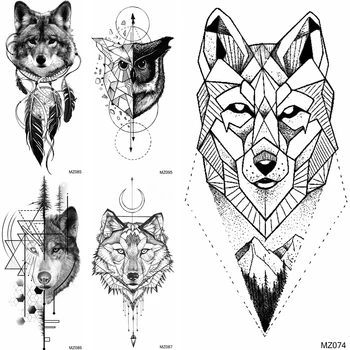 Orman Gerçekçi Kurt Geçici Dövmeler Kadın Kol Dövme Çocuklar Tribal Coyote Tasarım Sahte Dövme Baykuş Su Geçirmez Geometrik Dövmeler