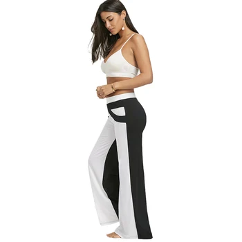 Orta Elastik Bel Pantolon Rahat Geniş Bacak Pantolon Renk Bloğu Patchwork Kadın Pantolon Gevşek Düz Düz Uzun Pantolon 2021 Yeni