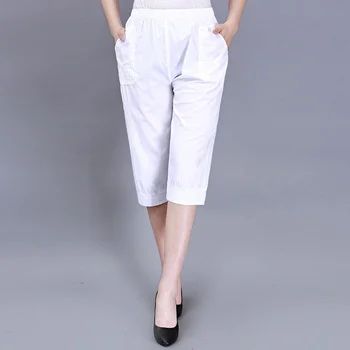 Orta Yaşlı Kadınlar Pamuk kapri pantolonlar Pantolon Moda Beyaz Gevşek Düz Buzağı Uzunlukta Pantolon Rahat Yaz Kadın Kapriler