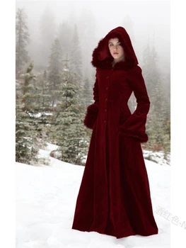 Ortaçağ Vintage Steampunk Kat Uzunluk kapüşonlu ceket Kadın Kış Sıcak Kürk Trim Maxi Gotik Cadı Parti Kostüm Dış Giyim Retro