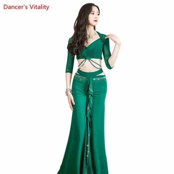 Oryantal Dans Performansı Giyim Takım Elbise Kadınlar için Oryantal Dans Yarım Kollu Üst + örgü Uzun Etek 2 adet Oryantal Profesyonel Seti Giyim