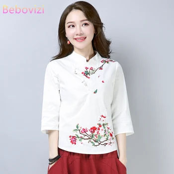 Pamuk Keten Çin Tarzı Qipao Gömlek Kadınlar için Mavi Beyaz Hanfu Nakış Retro Yaz Gevşek Han Fu Geleneksel Bluz Üst