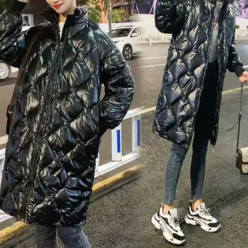 Parlak iç astarlı ceket Kadınlar İçin Orta uzunlukta Stand-up Ceket Gevşek Kış Düz Renk Gevşek Ceket Kalın Sıcak Pamuk Mont