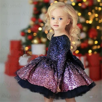 Parlak pullar Çiçek Kız Elbise Mavi Prenses Elbise Kabarık Kız doğum günü elbiseleri Noel Kız Elbise Sparkly çocuk Elbisesi