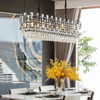 Parlaklık Kristal Avize Yemek Odası İçin Modern dikdörtgen Mutfak Ada iç mekan aydınlatması Led ev dekor lambası Siyah Metal ışıklar