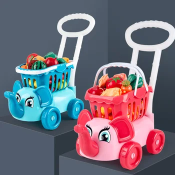 Pembe / mavi çocuk Simülasyon Süpermarket Alışveriş Sepeti Arabası Oyuncak Erkek Kız Kesim Meyve Çok Fonksiyonlu Oyun Evi oyuncak seti Hediye