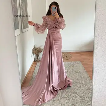Pembe Mermaid balo kıyafetleri Glitter V Yaka Gece Elbisesi 2023 Puf Kollu Yüksek Bölünmüş Suudi Arabistan Kokteyl Artı Boyutu Gece Elbisesi