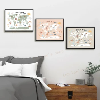 Pembe Yeşil ve Beyaz Dünya Haritası Baskı Hayvan Dünya Haritası Posteri Tuval Boyama Anaokulu Çocuk oda duvar sanatı Dekorasyon