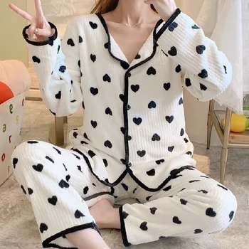 Pijama Kadın 2022 Yeni Kış Mercan Polar Pijama Seti Yaka Uzun Pijama Pazen Sıcak Ev Giysileri Tatlı Pijama İki Parçalı Set