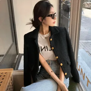 Pist Sonbahar Kış Vintage Kırpılmış Ceket kadın Kore Moda Siyah Rahat Tüvit Ceketler Zarif Şık Marka Dış Giyim Ceket