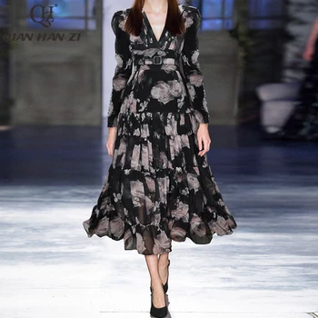 Qian Han Zi yaz tasarımcı moda pist elbise Bayan Puf Kollu vintage Baskılı V Yaka pilili kemer ince midi elbise