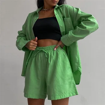 QSROCIO kadın Pijama Set Yaz Düz Renk Moda Elbise Gündelik Giyim Eğlence Uzun Kollu Gömlek Şort Kadın 2 adet Ev Tekstili