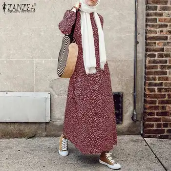 Rahat Abaya Başörtüsü Elbiseler Vintage Polka Dot Baskılı Uzun Sundress ZANZEA Rahat Uzun Kollu Kadın Müslüman Elbise Sonbahar