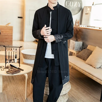 Rahat Erkek Geleneksel Çince Üstleri Retro Nakış Tang Takım Elbise 2022 Yeni Keten Gömlek Erkek Uzun Ceket Artı Boyutu Dalgalar Vinç Ceket