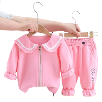 Rahat Giyim Seti Kız Sonbahar Bahar Katı Çocuk Pantolon Ceket 3 Adet Takım Elbise Kore Moda Fermuar Uzun Kollu Yürümeye Başlayan Kıyafet