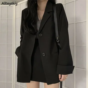Rahat Siyah Blazer Kadın Gevşek Bahar İnce Tüm Maç Streetwear Basit Kore Tarzı Tiki Genç Kız Şeffaf Minimalist Dış Giyim
