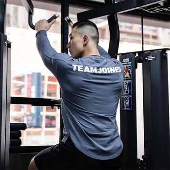 Rahat Uzun kollu pamuklu tişört Erkekler Spor Salonu Spor Vücut Geliştirme Egzersiz İnce t shirt Erkek Düz Tee Üstleri Spor Eğitim Giyim