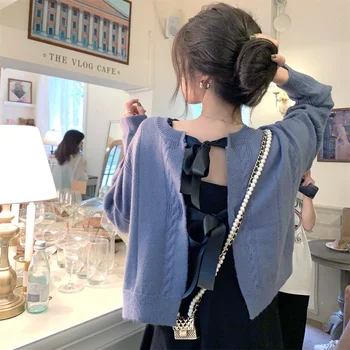 Rahat Zarif Kawaii Hırka Ceket Kadın Fransız Vintage Kelebek Kemer Kazak Ceket Kadın 2021 İnce Yüksek Sokak Sevimli Giysiler