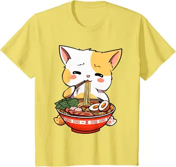 Ramen Kedi Kawaii Anime Japon Gıda Kızlar Resmi Genç T-Shirt