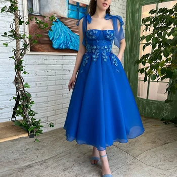 Resmi Akşam Elbise Tül Spagetti Askısı Appliques Bir-Line Çay Uzunluğu Balo Elbise Kokteyl Royal Mavi Elbise Moda 2022 Elbiseler