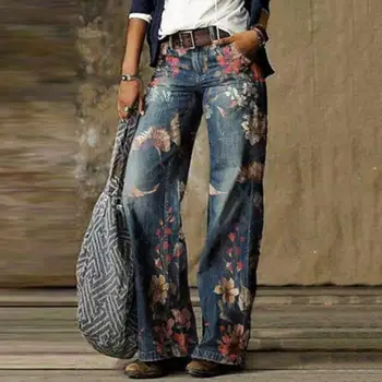 Retro Çiçek Baskı Kot Kadın Yüksek Bel Gevşek Denim Kırpılmış Pantolon Bayan Sonbahar Uzun Düz Geniş Bacak Kot Femme Pantolon