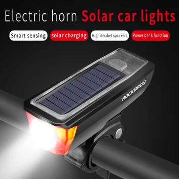 ROCKBROS bisiklet far boynuz güneş şarj USB şarj edilebilir çok fonksiyonlu bisiklet ışık su geçirmez lamba bisiklet aksesuarları