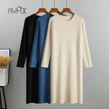 RYFIX Yeni Rahat Sonbahar Kış Kalın Kadın Kazak Elbise Moda Örme Nervürlü Sıcak Gevşek Katı Uzun Bayan Sıcak Elbiseler vestidos