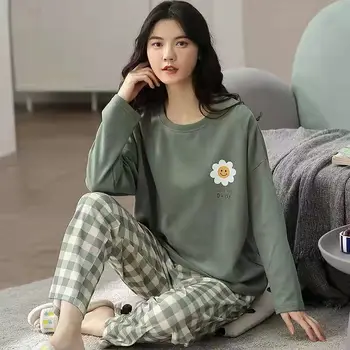 Saf Pamuklu Pijama kadın İlkbahar ve Sonbahar Modelleri Uzun kollu Ev Hizmeti kadın Basit Gevşek günlük giysi Büyük Boy 5XL