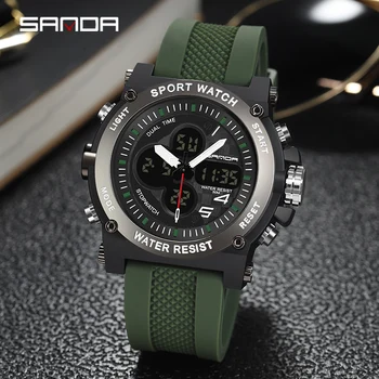 SANDA Moda Casual Erkek Ordu Yeşil Silikon Kayış Spor Saatler Aydınlık Dijital ekran Chronograph Relogio Masculino 3107