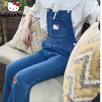 Sanrio Hello Kitty Moda Tatlı Yumuşak Kayış Kot Baskılı Gevşek Yüksek Bel Yeni Kız Rahat Kot Kadın Pantolon Jartiyer Pantolon