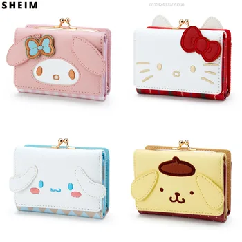 Sanrio Kawaii Hello Kitty Cinnamoroll Melodi Küçük küçük cüzdan Bayanlar Kızlar Ekose Çanta Üç Katlı Deri Kadın Para çanta klipsi