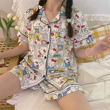 Sanrio Kawaii Hello Kitty Karikatür Pijama Seti Kızlar Kısa Kollu Şort Öğrenci İnce Yumuşak Kız Ev Giysileri Japon İns