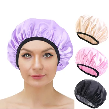 Saten Duş Başlığı Çift Katmanlı Yeniden Kullanılabilir EVA Su Geçirmez Banyo Şapka Düz Renk Elastik Banyo Kadın Saç Kapağı Malzemeleri