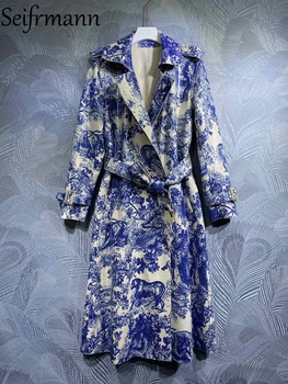 Seifrmann Yüksek Kalite Sonbahar Kadın Moda Tasarımcısı trençkotlar Uzun Kollu Kemer Ile Mavi Orman Baskı Vintage Palto Palto