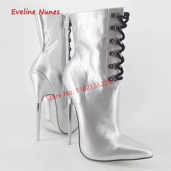 Seksi Gümüş yarım çizmeler 2022 kadın Rugan Metal Stiletto18cm Sivri Burun Moda Zarif Parti Artı Boyutu Ayakkabı