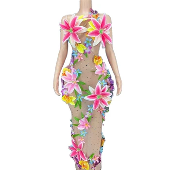 Seksi Renkli Büyük Çiçekler Şeffaf uzun elbise Kadın Dansçı Gösterisi Streç Sahne Kostüm Kıyafet Akşam Balo Parti Elbise