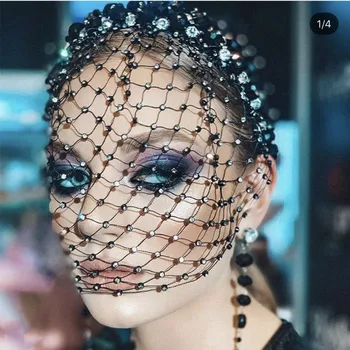 Seksi Siyah Lüks Kristal yapay elmas ağ saç bandı Kafa Çember Kafa Bandı Kapak Yüz Peçe Başlığı Düğün saç takı Kadınlar için