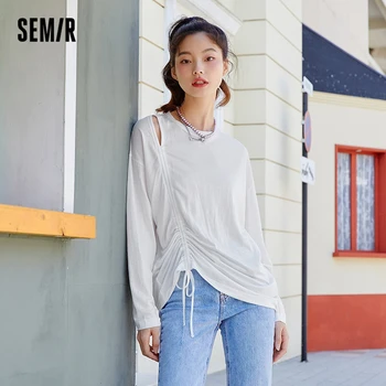 Semır uzun kollu tişört Kadın İçi Boş İpli 2023 Sonbahar Yeni Büyük Boy Düz T Shirt Üst Çok Yönlü