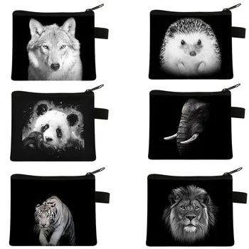 Serin Siyah Beyaz Vahşi Hayvanlar Baskı Sikke Çanta Kadın Taşınabilir Cüzdan Çocuk Para Çantaları Mini kulaklık çantası